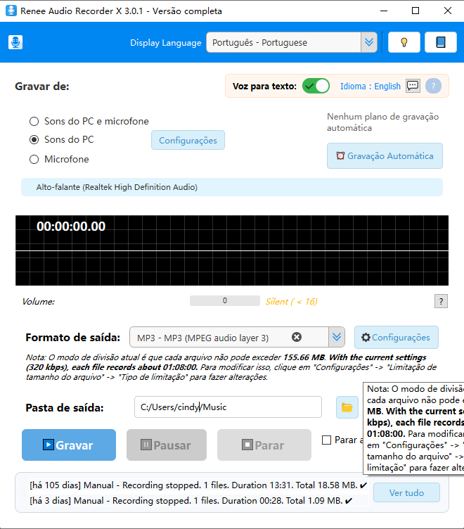 Interface principal do Renee Audio Recorder X para gravar áudio do PC