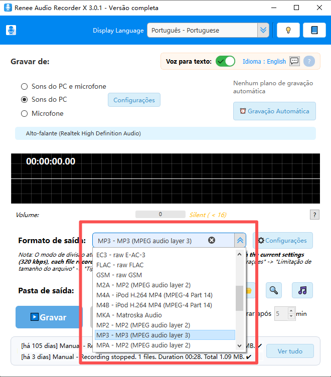 Formatos de áudio de saída suportados no Renee Audio Recorder X