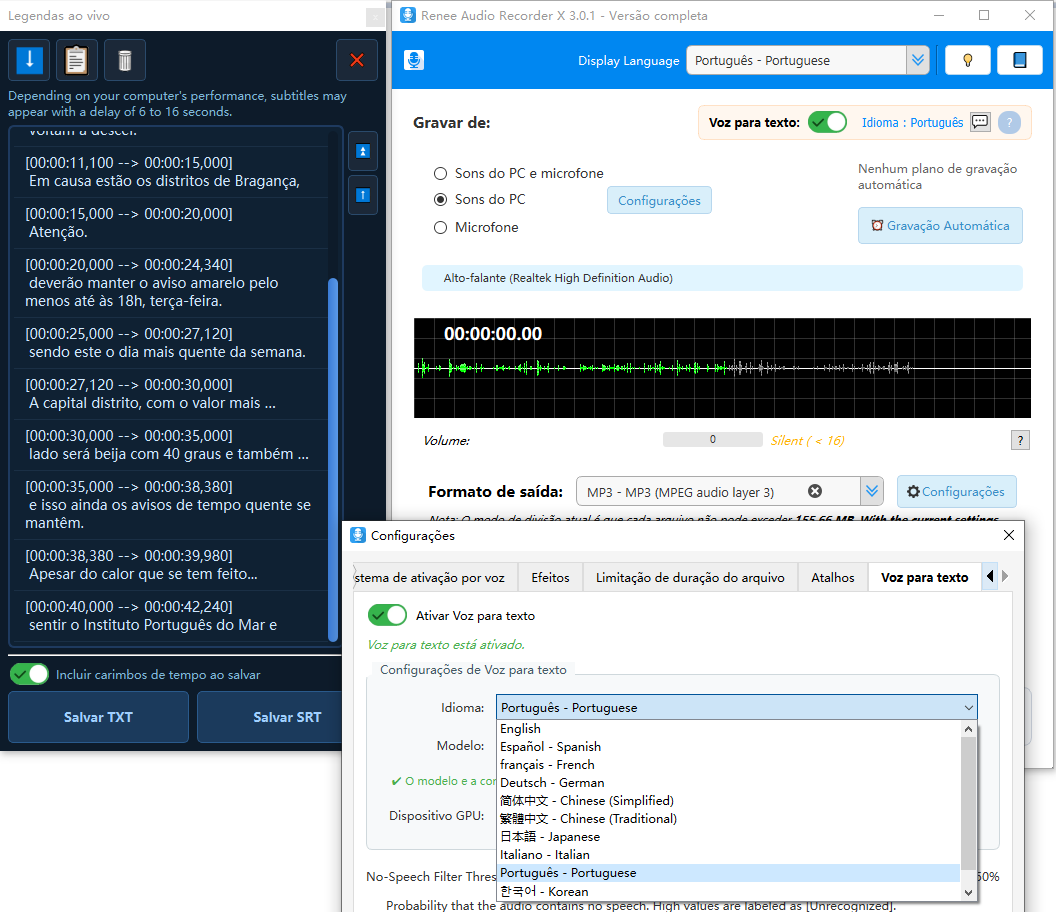 Configurações de voz para texto e legendas ao vivo no Renee Audio Recorder X